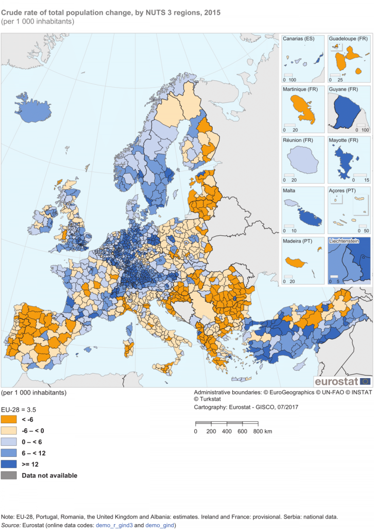 Maps on the web: variaciones de población en Europa