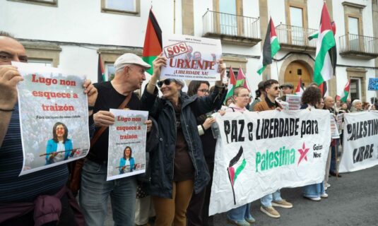 una protesta en lugo carga contra la primera medida de la alcaldesa de retirar una bandera de palestina de un balcon