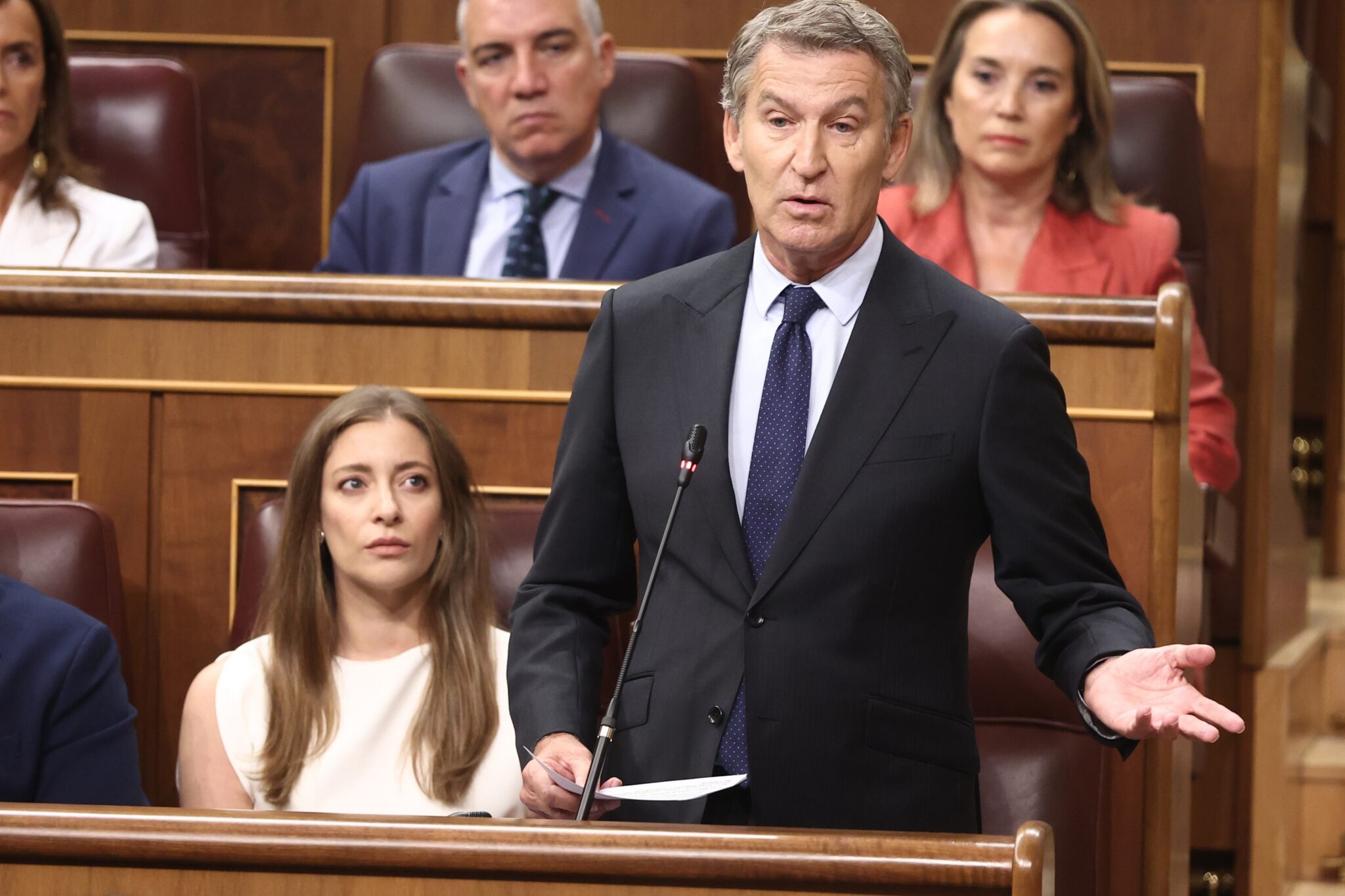 El presidente del Partido Popular, Alberto Núñez Feijóo, interviene durante una sesión plenaria en el Congreso de los Di