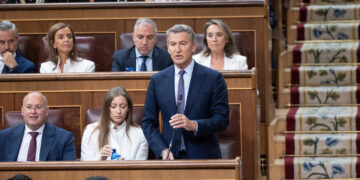 El presidente del Partido Popular, Alberto Núñez Feijóo, interviene durante una sesión de control al Gobierno, en el Con