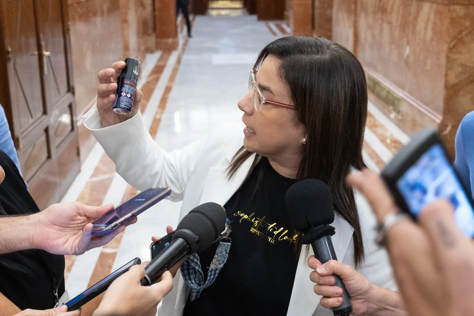 La diputada del PP, Ana Vázquez, tras ser expulsada por llevar un bote de gas pimienta durante una sesión de control al