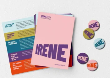 Imagen de materiales con la imagen de campaña de la candidata de Podemos a las elecciones generales, Irene Montero.