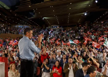 Imagen del secretario general del PSOE y presidente del Gobierno, Pedro Sánchez, en un acto de precampaña en el Palacio