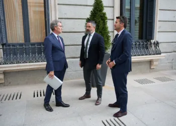 Archivo - El presidente del PP, Alberto Núñez Feijóo (i) conversa con el presidente de VOX, Santiago Abascal (c), a su s